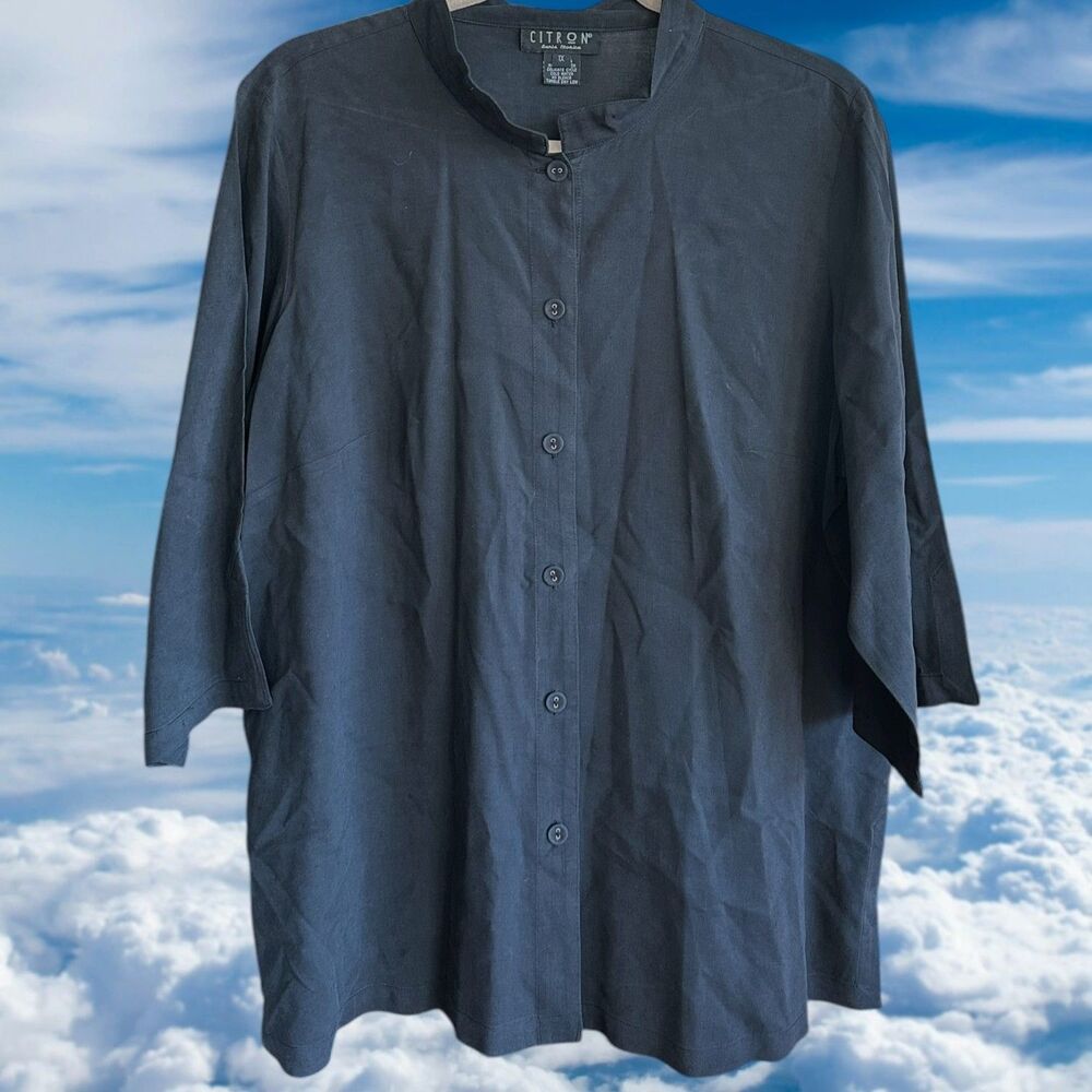 Citron Top Womens 1X Black  Silk Linen Blend Button Boho Tunic Artsy